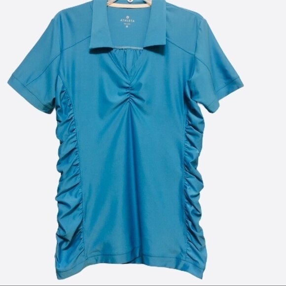 Athleta Womens Birdie Blue Polo Shirt Athletic Golf UPF 50 Rouched Sides Size M - Picture 1 of 13